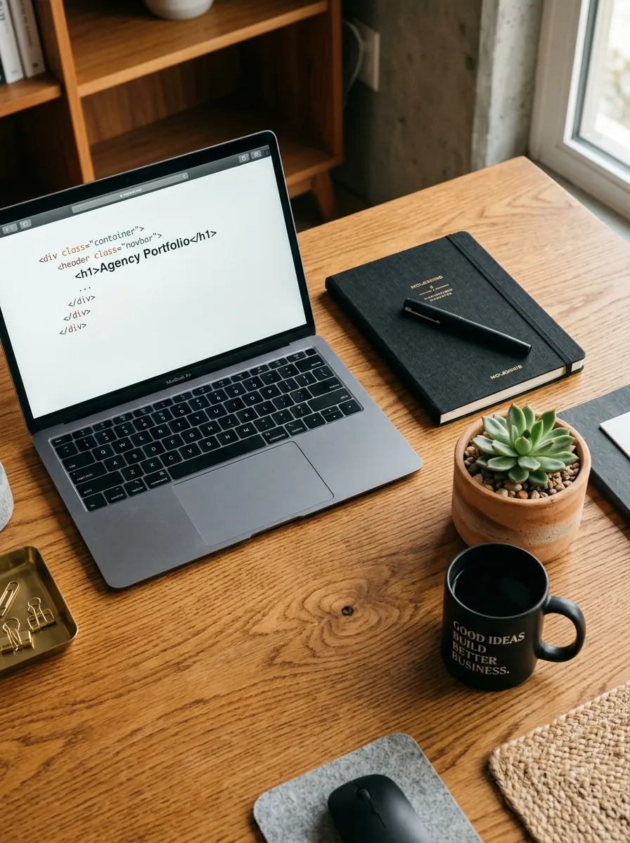 Creative agency workspace desk with Good Ideas Build Better Business mug